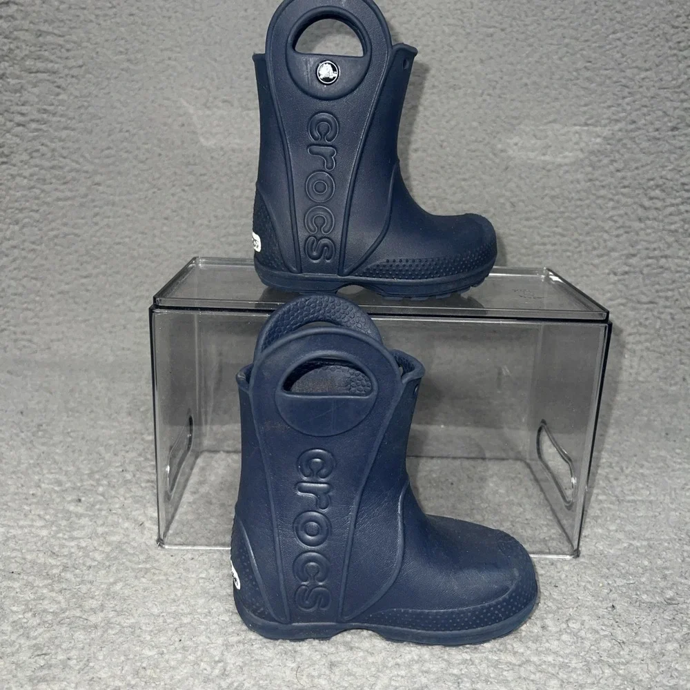 Crocs Handle It Rain Boots Youth Sz C6 Black Croslite Rubber‎ Pull On Handles